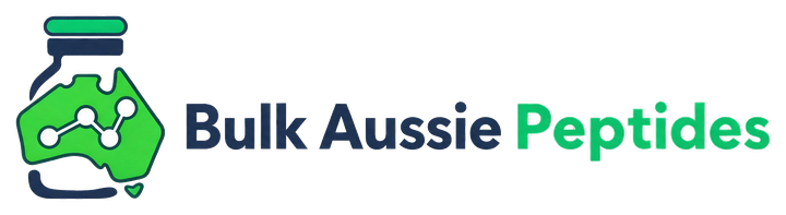 Bulk Aussie Peptides logo featuring a green molecule in a bottle with navy and teal text